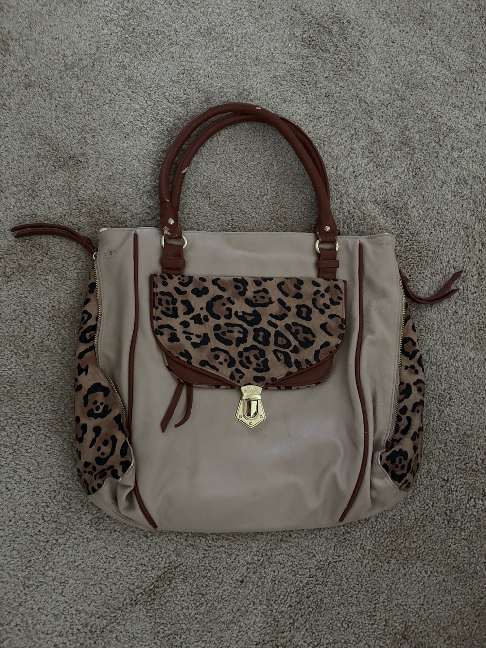 Steve Madden Beige Tote with Leopard Accent and Brown Trim